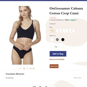 NWT On Gossamer Black Cabana Cotton Crop Cami